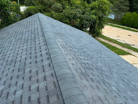 Gray shingle roof ridge