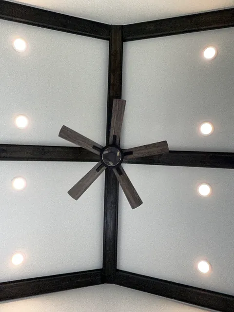 Vaulted ceiling with dark beams and a ceiling fan