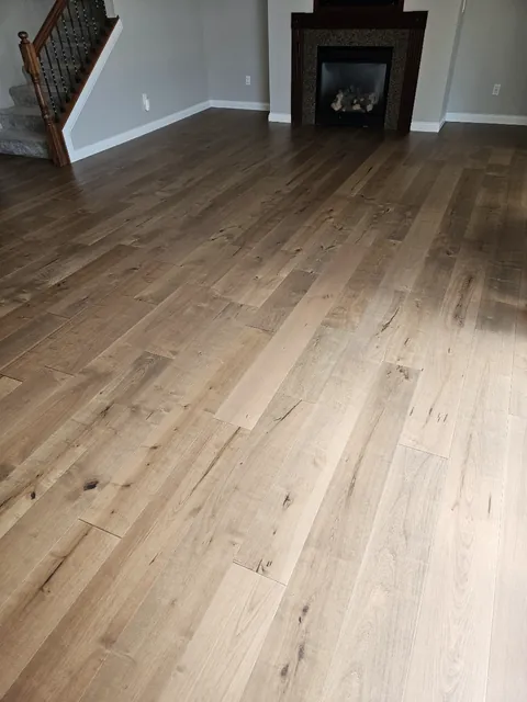 Wood look flooring across an open room